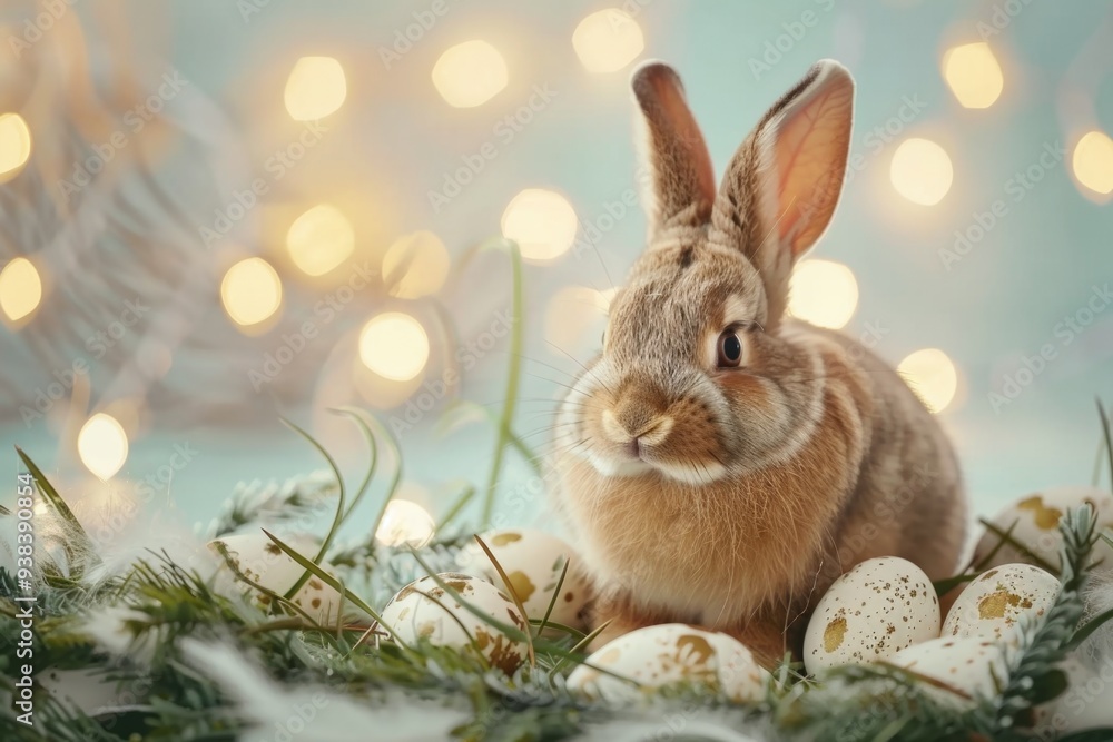 A small rabbit surrounded by a pile of eggs A small rabbit surrounded by a pile of eggs