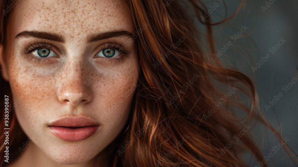 Portrait of a red-haired woman with freckles and luxurious wavy hair on a dark gray background. Beauty and fashion concept. Portrait of a red-haired woman with freckles and luxurious wavy hair on a dark gray background. Beauty and fashion concept.