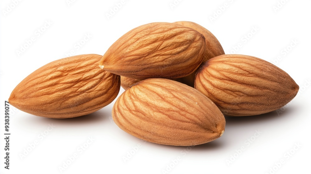 Four whole almonds, with a rough, brown texture, are arranged in a pile on a white background. Four whole almonds, with a rough, brown texture, are arranged in a pile on a white background.