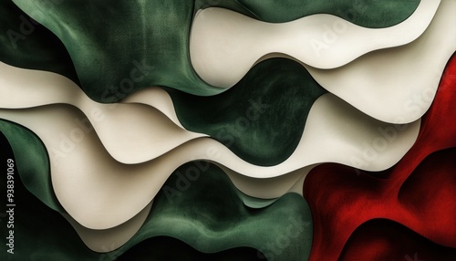 Abstract design featuring undulating curves in green, white, and red tones symbolizing creativity and artistic expression