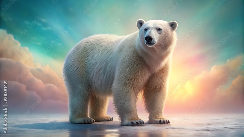 Fototapeta premium A majestic 3D polar bear, set against a soft pastel background, evokes the icy landscapes of the Arctic and the challenges faced by these magnificent creatures in a zoo setting.