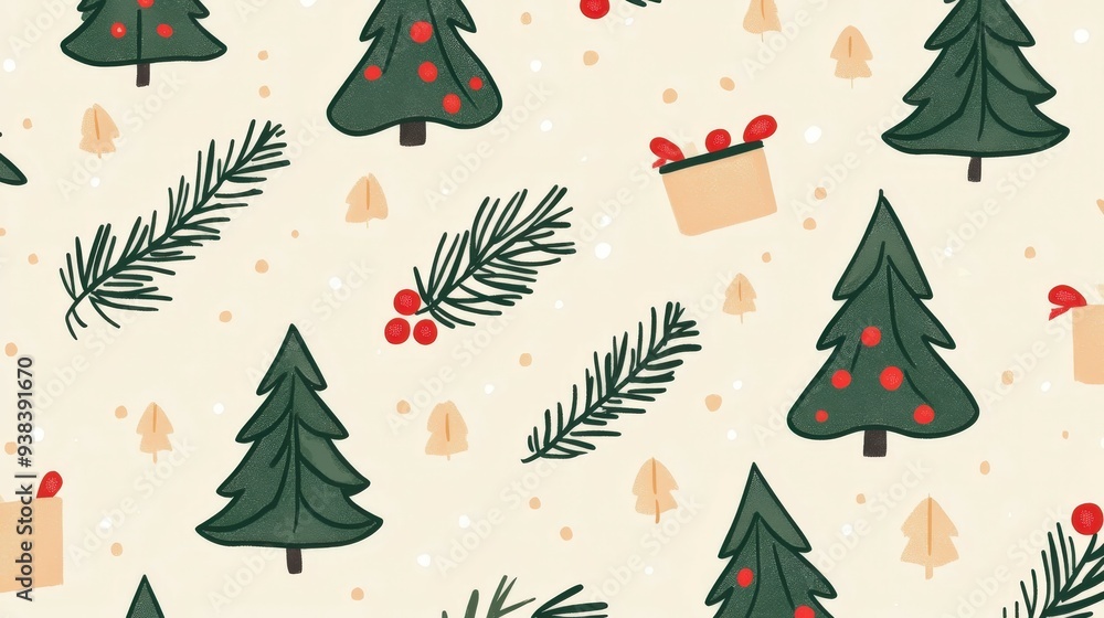Cute Christmas tree doodle pattern with festive decorations and colors Cute Christmas tree doodle pattern with festive decorations and colors