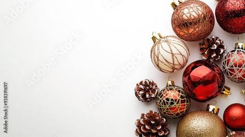 Christmas decorations on a white background with copy space, featuring boldly textured surfaces for a striking effect. photo