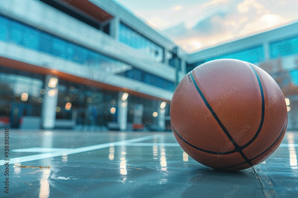 A lone basketball ball sits atop a basketball court, ready for play A lone basketball ball sits atop a basketball court, ready for play