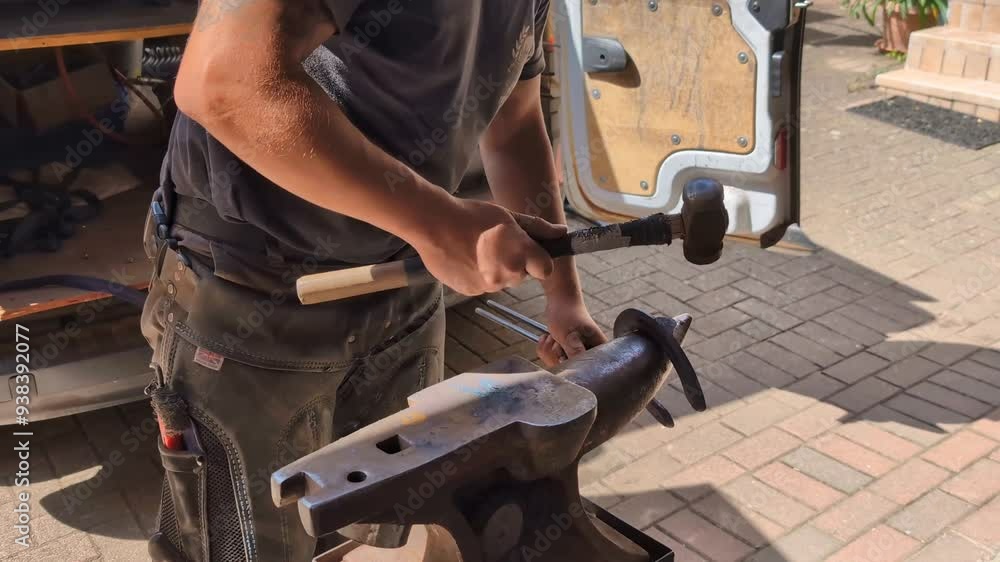 Farrier working at shoeing a horse. Blacksmith making horseshoe. A smith forging a horse shoe Farrier working at shoeing a horse. Blacksmith making horseshoe. A smith forging a horse shoe