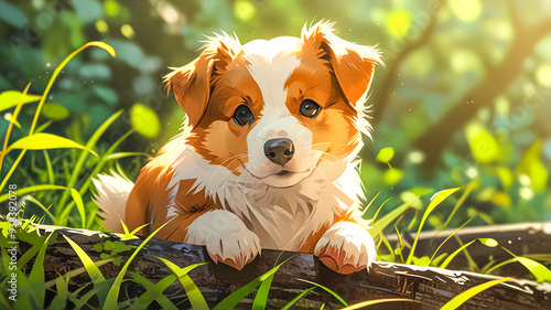 a puppy is laying in the grass with the sun shining through the background.