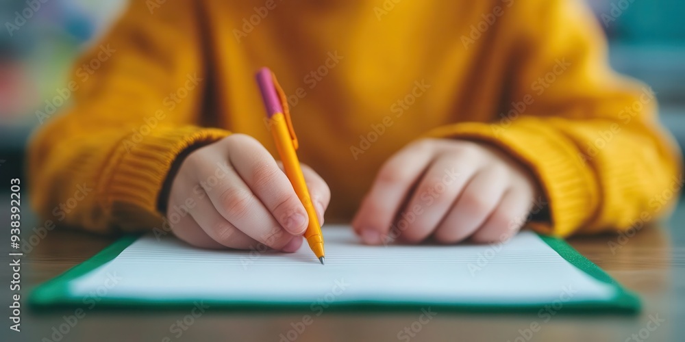 Close-up of a child writing in a notebook with an orange sweater, using a pencil at a wooden table in a bright, focused environment. Close-up of a child writing in a notebook with an orange sweater, using a pencil at a wooden table in a bright, focused environment.