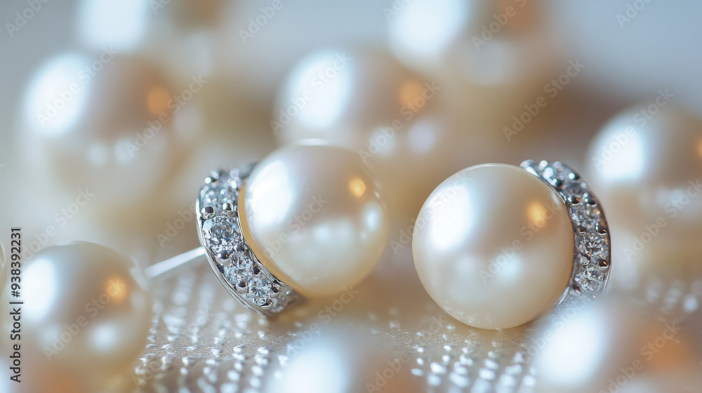 “A close-up macro photo of pearl and diamond earrings. The image captures the intricate details and shimmering brilliance of the diamonds, set against the smooth, lustrous surface of the pearls. “A close-up macro photo of pearl and diamond earrings. The image captures the intricate details and shimmering brilliance of the diamonds, set against the smooth, lustrous surface of the pearls.
