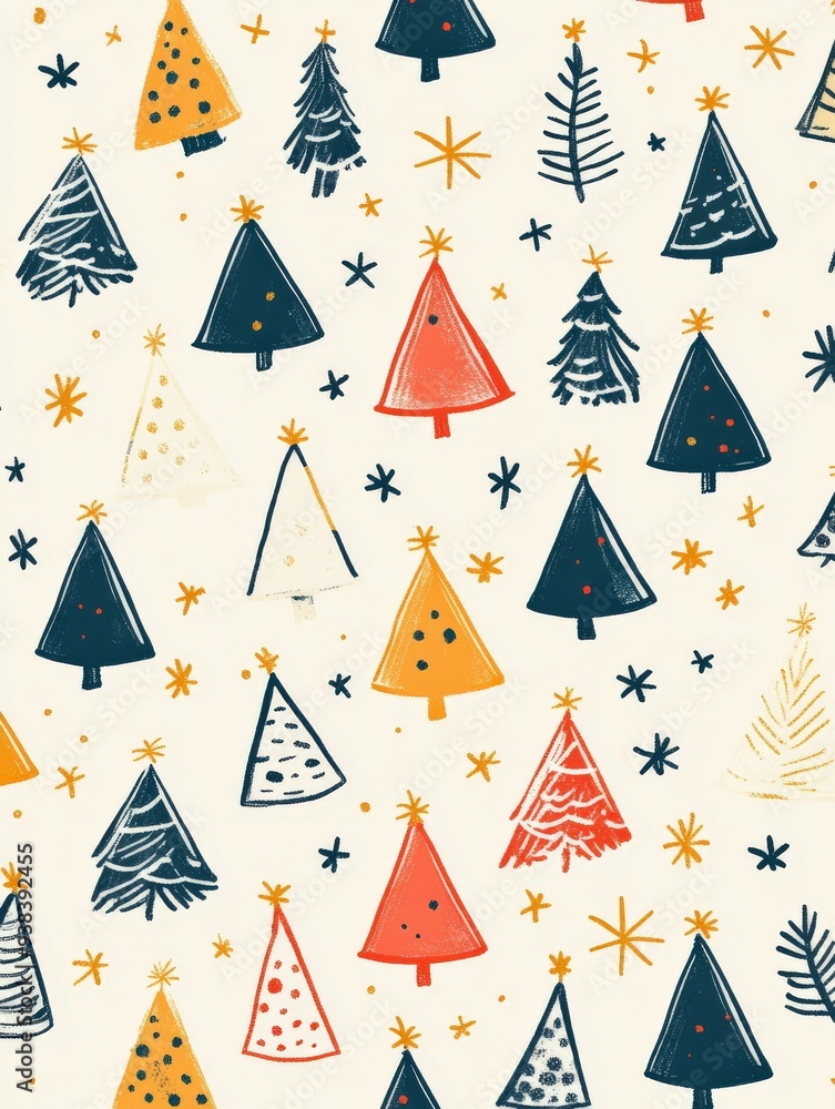 Charming doodle pattern featuring playful Christmas trees and stars Charming doodle pattern featuring playful Christmas trees and stars