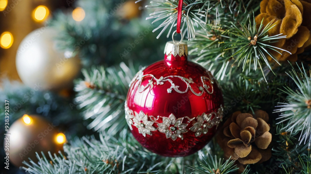 Fir branches with red ball and cones on festive background. Golden Christmas decorations with cones and fir branches. Fir branches with red ball and cones on festive background. Golden Christmas decorations with cones and fir branches.