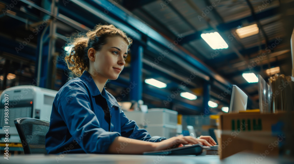 Portrait of a young woman in a uniform and hard hat sitting at her desk using a computer against the backdrop of a large industrial warehouse. Portrait of a young woman in a uniform and hard hat sitting at her desk using a computer against the backdrop of a large industrial warehouse.