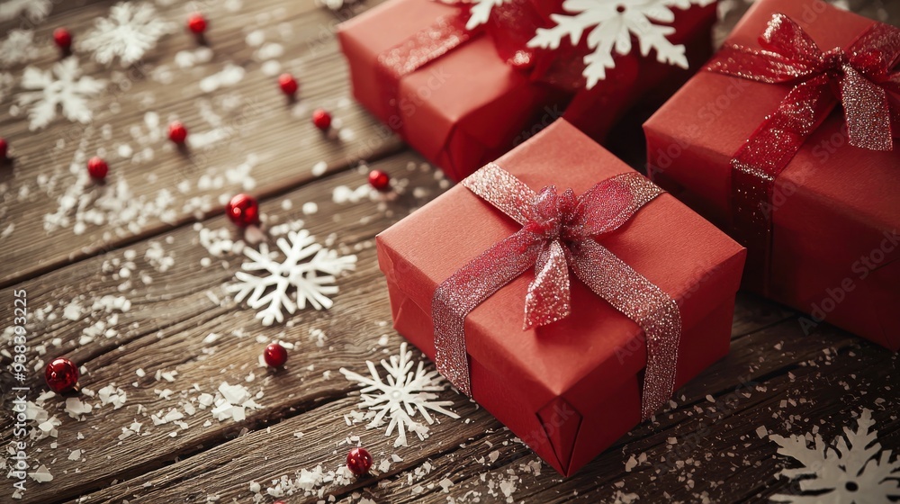 Christmas gift boxes with ribbons and paper snowflakes scattered on a wooden surface. Bright, monochromatic background highlights festive details in a clean, creative way. Christmas gift boxes with ribbons and paper snowflakes scattered on a wooden surface. Bright, monochromatic background highlights festive details in a clean, creative way.