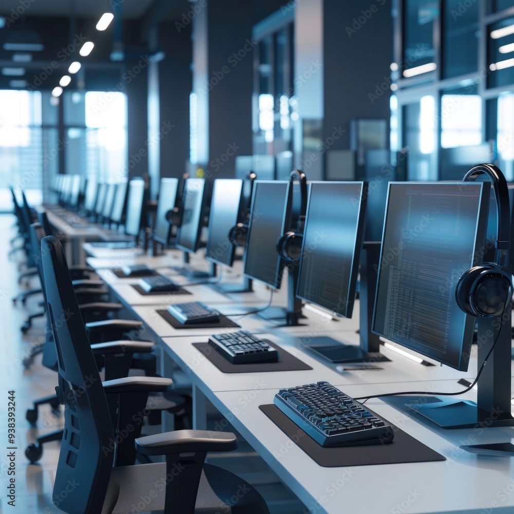 Obraz premium A row of modern computers sitting on a clean and minimalist white desk, ready for use