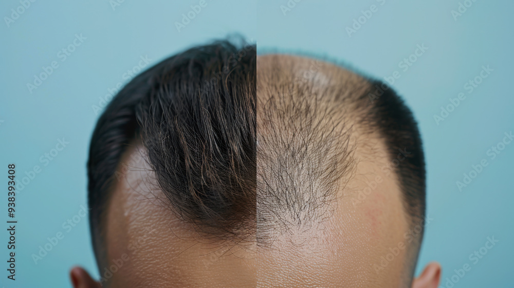 Obraz premium Close-up of a man's scalp with thinning and balding hair on one side and full, healthy hair on the other. Health concept, hair growth.