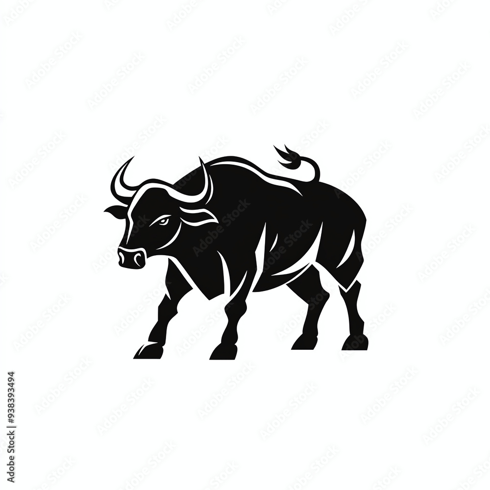 Minimalist black and white vector logo of a bull full body silhouette with curved horns, isolated on white background Minimalist black and white vector logo of a bull full body silhouette with curved horns, isolated on white background