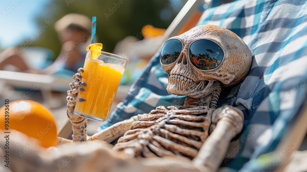A humorous scene of a skeleton wearing sunglasses, relaxing on a lounge chair, holding an orange juice drink, giving a playful twist to relaxation and holiday vibes. A humorous scene of a skeleton wearing sunglasses, relaxing on a lounge chair, holding an orange juice drink, giving a playful twist to relaxation and holiday vibes.