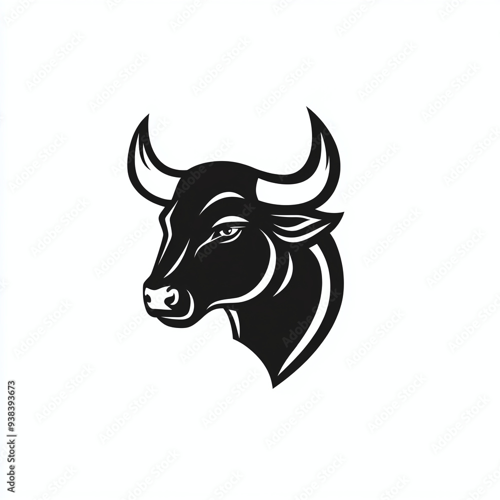 Minimalist black and white vector logo of a bull's silhouette with curved horns, isolated on white background