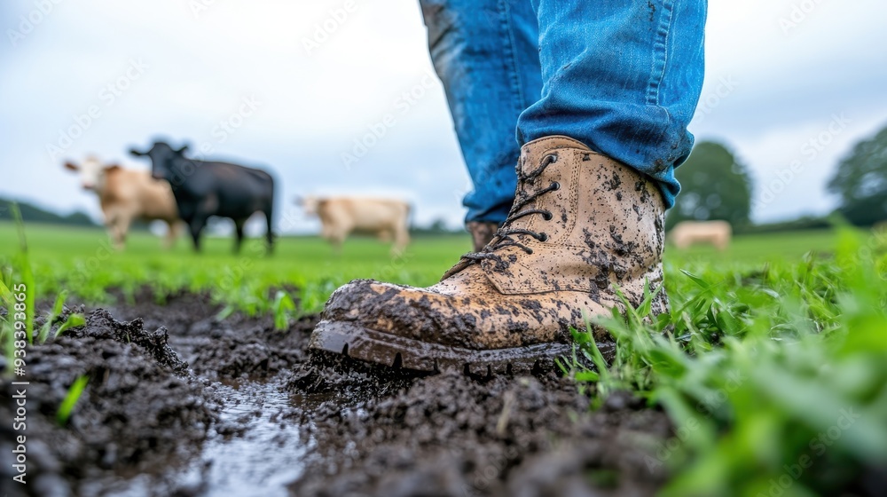 A close-up photograph shows a farmer's boot covered in mud as he stands in a wet, grassy field with several cows in the background, emphasizing the hard work of farming. A close-up photograph shows a farmer's boot covered in mud as he stands in a wet, grassy field with several cows in the background, emphasizing the hard work of farming.