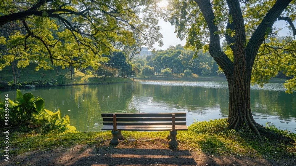 A wooden bench sits beside a serene lake, perfect for relaxation or contemplation A wooden bench sits beside a serene lake, perfect for relaxation or contemplation