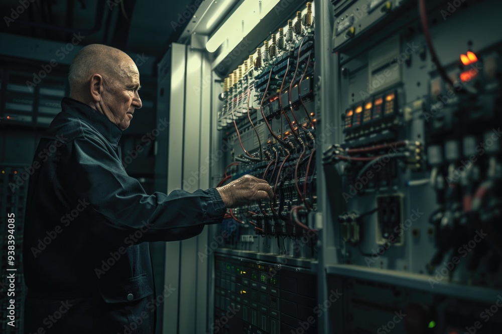 A person standing next to a collection of wires, possibly for repair or maintenance purposes A person standing next to a collection of wires, possibly for repair or maintenance purposes