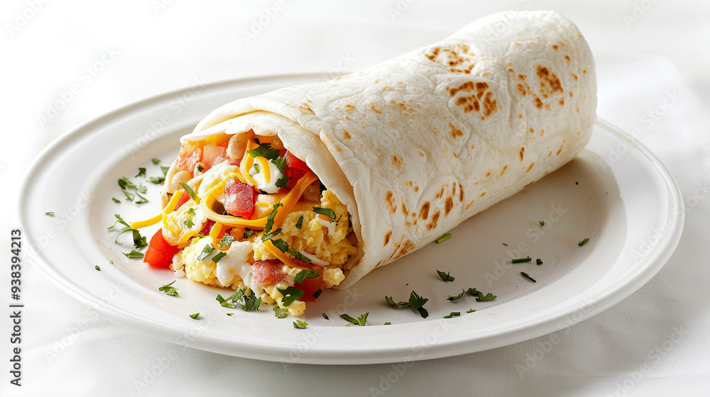 Mouthwatering breakfast burrito on a white plate, isolated against a clean background. The burrito is generously filled with eggs, cheese, vegetables. Popular breakfast. Mouthwatering breakfast burrito on a white plate, isolated against a clean background. The burrito is generously filled with eggs, cheese, vegetables. Popular breakfast.