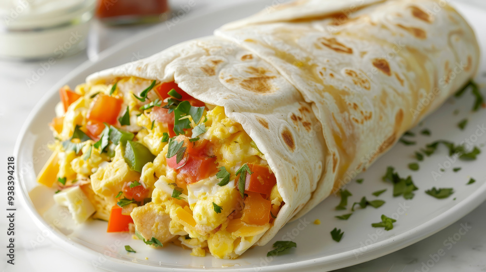 Mouthwatering breakfast burrito on a white plate, isolated against a clean background. The burrito is generously filled with eggs, cheese, vegetables. Popular breakfast. Mouthwatering breakfast burrito on a white plate, isolated against a clean background. The burrito is generously filled with eggs, cheese, vegetables. Popular breakfast.