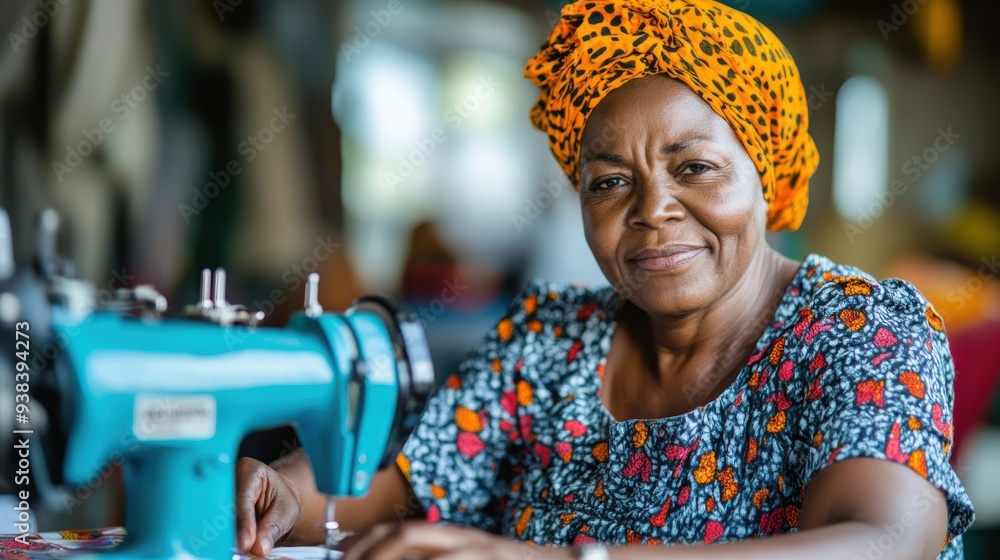 A seamstress wearing a vividly colored headscarf is focused on sewing in a vibrant workspace, epitomizing dedication and skill as she works on a sewing machine A seamstress wearing a vividly colored headscarf is focused on sewing in a vibrant workspace, epitomizing dedication and skill as she works on a sewing machine