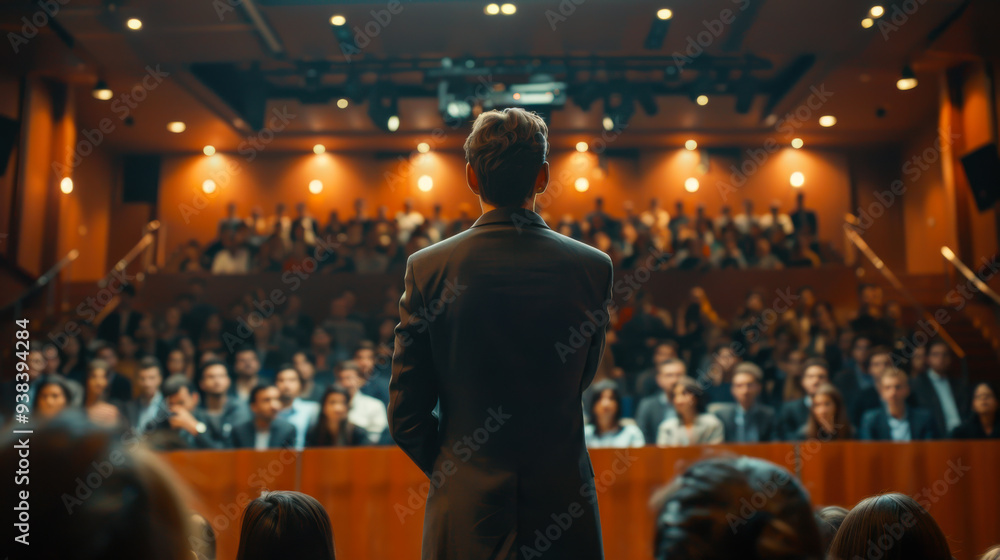 Rear view of a handsome man in business attire giving a presentation on stage to a large audience. Public speaking concept. Rear view of a handsome man in business attire giving a presentation on stage to a large audience. Public speaking concept.
