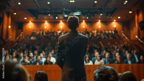 Rear view of a handsome man in business attire giving a presentation on stage to a large audience. Public speaking concept.