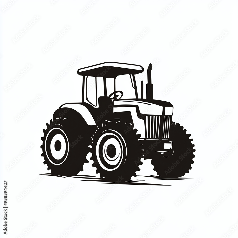 Obraz premium Minimalist monochrome logo of a farm tractor with a front loader, isolated on white background, isotype
