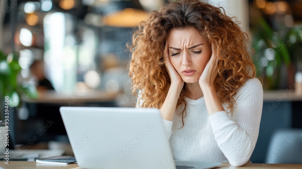 A young woman with curly hair appears stressed while working on a laptop in a busy cafe, her hands on her temples, illustrating the pressures of modern digital life. A young woman with curly hair appears stressed while working on a laptop in a busy cafe, her hands on her temples, illustrating the pressures of modern digital life.