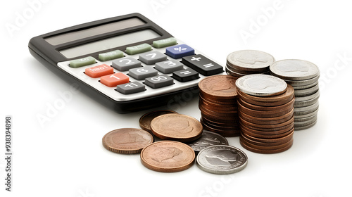 Financial calculator with stacks of coins for business accounting and money management