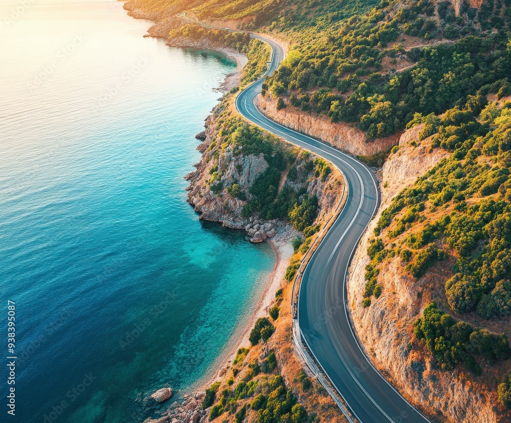 Scenic coastal road winding through lush greenery near the ocean Scenic coastal road winding through lush greenery near the ocean