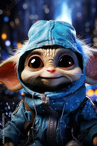 A hyper-realistic image of a cute baby alien with large expressive eyes, wearing a blue hooded jacket.