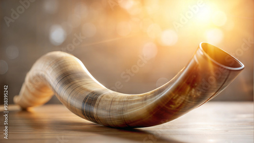 Rosh Hashanah Shofar with Sunlight on Wooden Surface photo