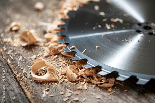 Circular saw blade resting on wood, surrounded by shavings, contrasting sharpness and rustic texture