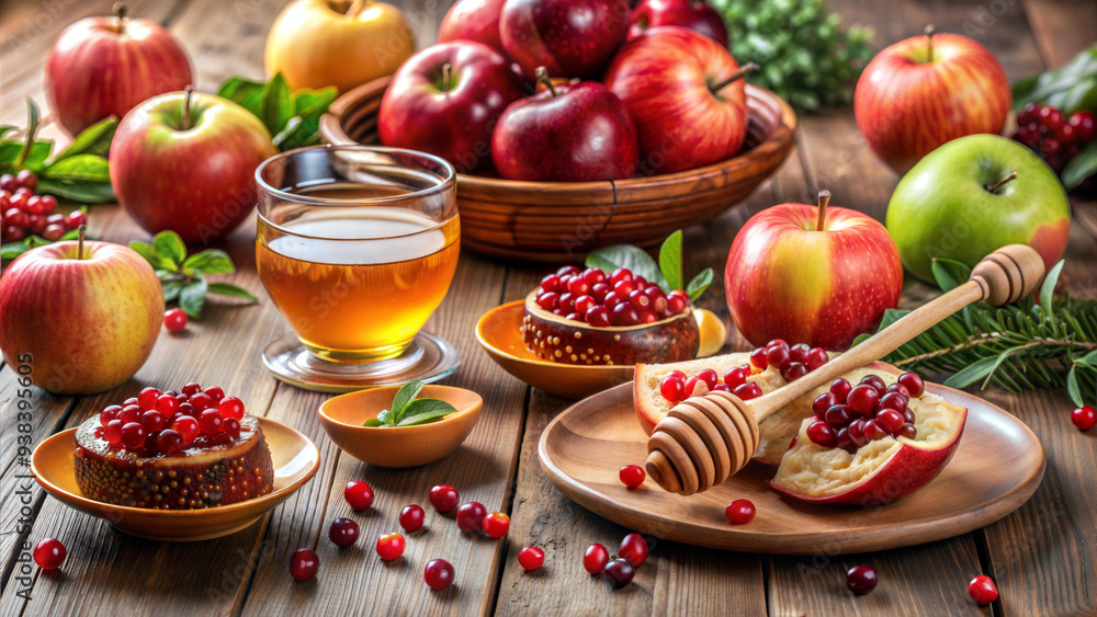 Rosh Hashanah Traditions with Apples, Pomegranates, and Honey on a Wooden Table Rosh Hashanah Traditions with Apples, Pomegranates, and Honey on a Wooden Table
