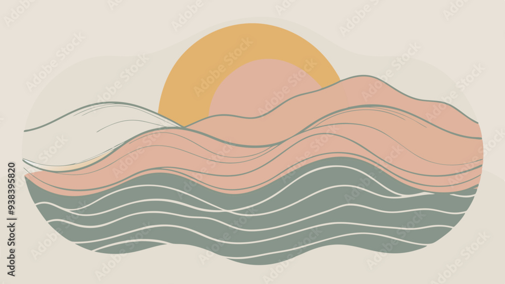 Minimalist abstract landscape with sunset and waves Minimalist abstract landscape with sunset and waves
