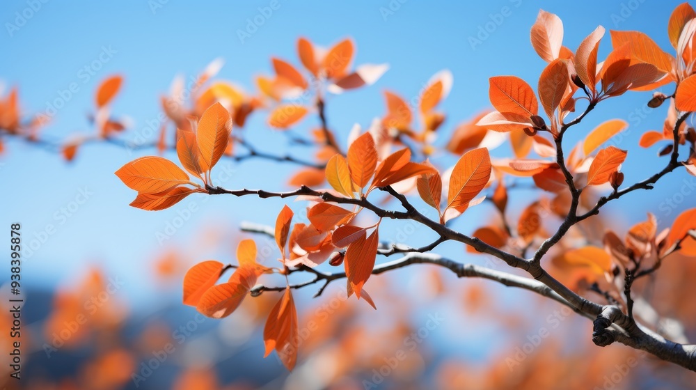 Vibrant Autumn Foliage: Colored Leaves of a Tree against Clear Blue Sky Vibrant Autumn Foliage: Colored Leaves of a Tree against Clear Blue Sky