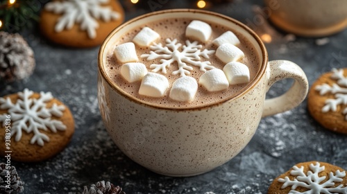 Cozy hot chocolate topped with marshmallows and decorative cookies during win...