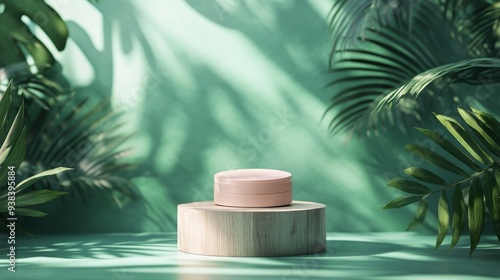 Wooden display platform surrounded by tropical foliage in a serene indoor set...