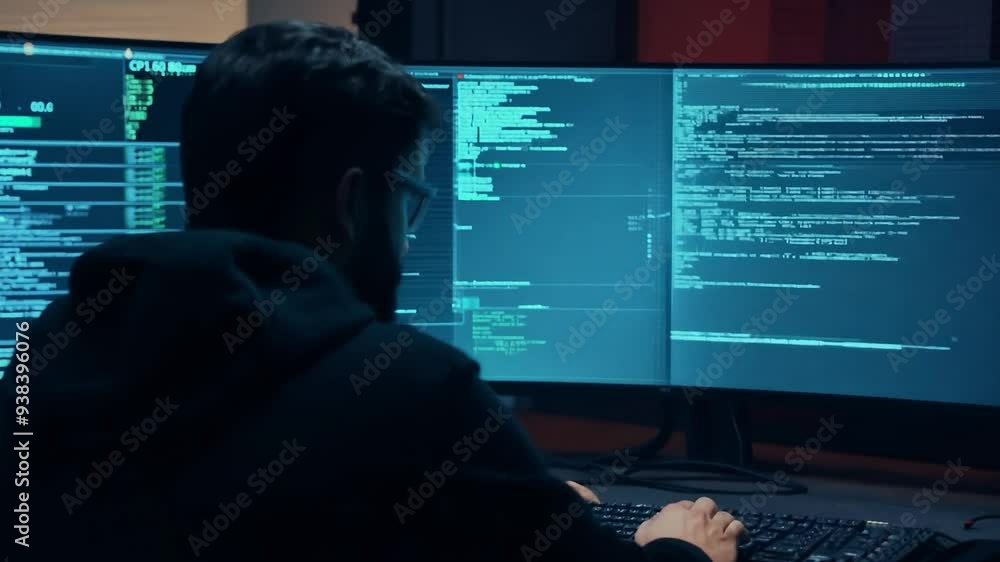 Programmer working on multiple computer screens Programmer working on multiple computer screens