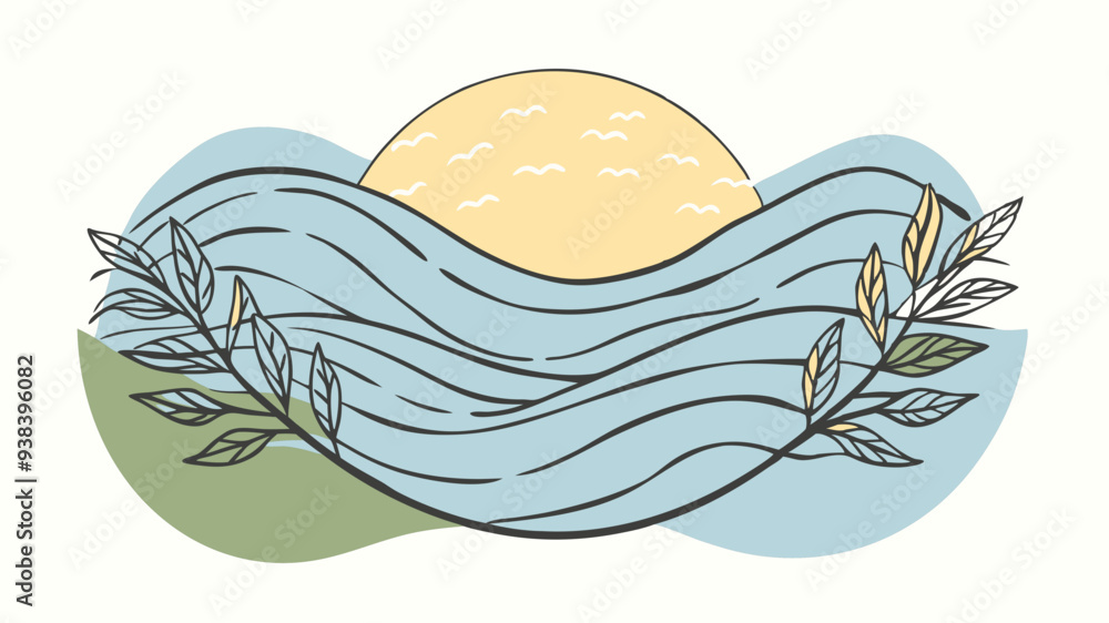 Sunset over a river with abstract waves and foliage Sunset over a river with abstract waves and foliage