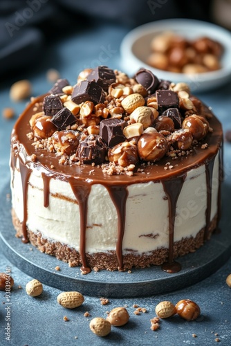 Decadent layered chocolate dessert topped with nuts on a dark plate