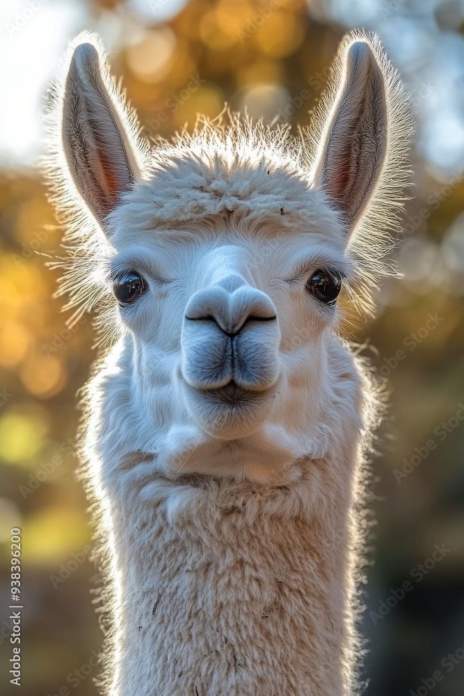 Obraz premium Alpaca standing in a grassy field under a blue sky with fluffy clouds during the day
