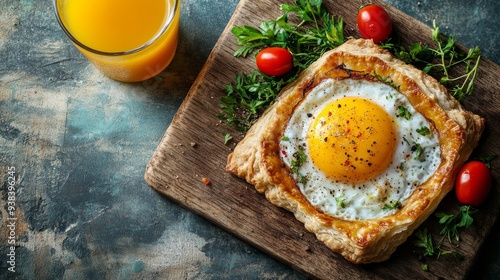 Breakfast dish with egg, tomatoes, and herbs on a wooden table with orange juice