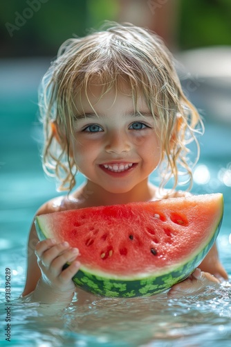 Joyful child holding watermelon slice while playing in pool during sunny day