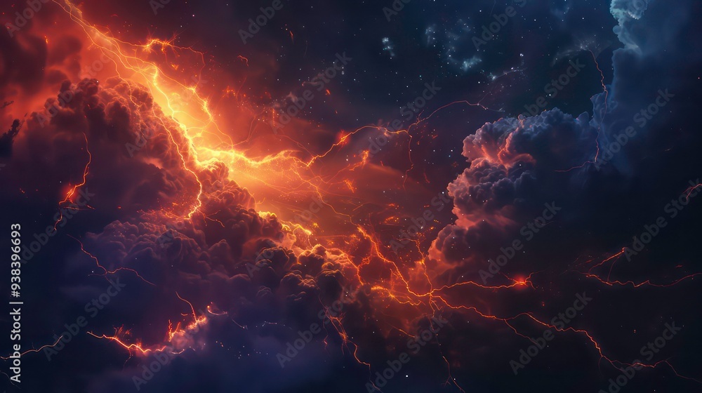 Fototapeta premium Abstract cosmic landscape with swirling clouds and glowing lightning.