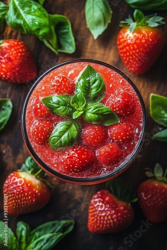 Refreshing strawberry basil drink on a wooden surface with fresh strawberries