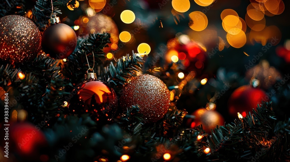 Obraz premium A red Christmas bauble hanging on a Christmas tree, with space for holiday wishes. The festive ornament shines brightly against the green branches, perfect for adding personalized messages.